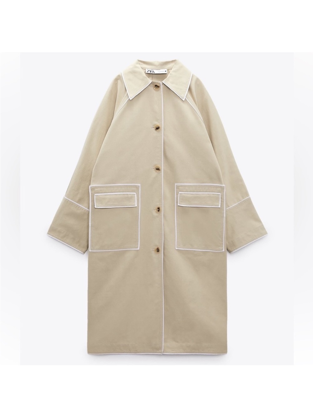Zara Oversized Contrast Trench Coat Beige Piping Special Edition Sz XS Fits M/L - Picture 6 of 16